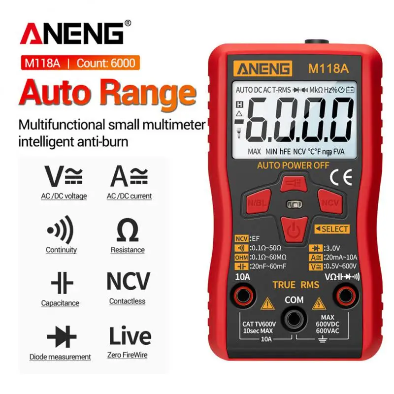 ANENG M118A Digital Mini Multimeter Tester Auto Mmultimetro True Rms Tranistor Meter With NCV Data Hold 6000counts Flashlight
ANENG M118A Digital Mini Multimeter Tester Auto Mmultimetro True Rms Tranistor Meter With NCV Data Hold 6000counts Flashlight