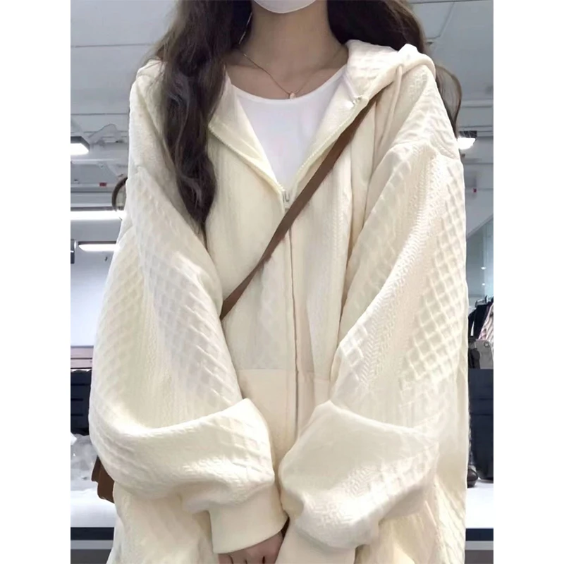 

Sandro Rivers Design Inspired Waffle Hoodie Solid Color Cardigan Hoodie Women's Spring Autumn Thin Jacket Loose and Lazy Style