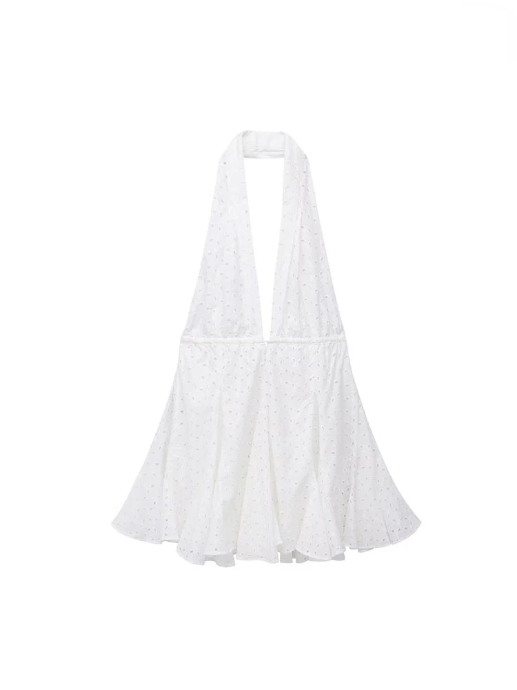 

TRAF Dress Women Fashion Cutwork Embroidery Mini Halter Dresses Sexy Backless with Tied Female Neck-mounted Vestidos Mujer