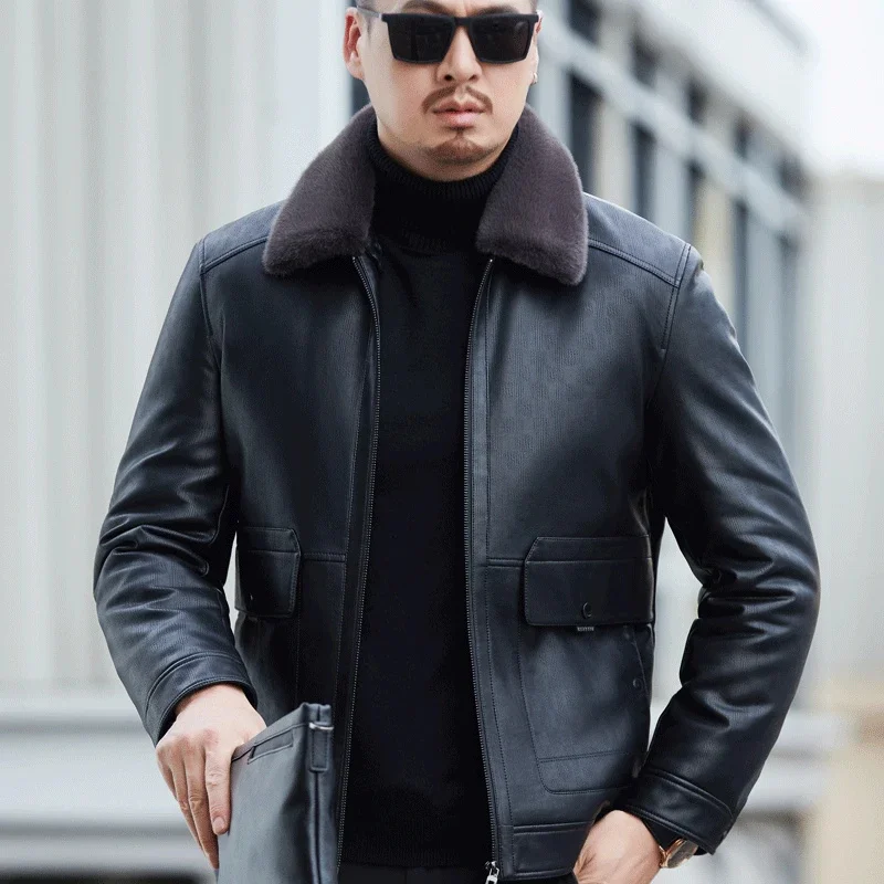 

Winter YXL-6626 New Men's Genuine Leather Down Coat Lamb Fleece Collar Thickened Warm White Duck