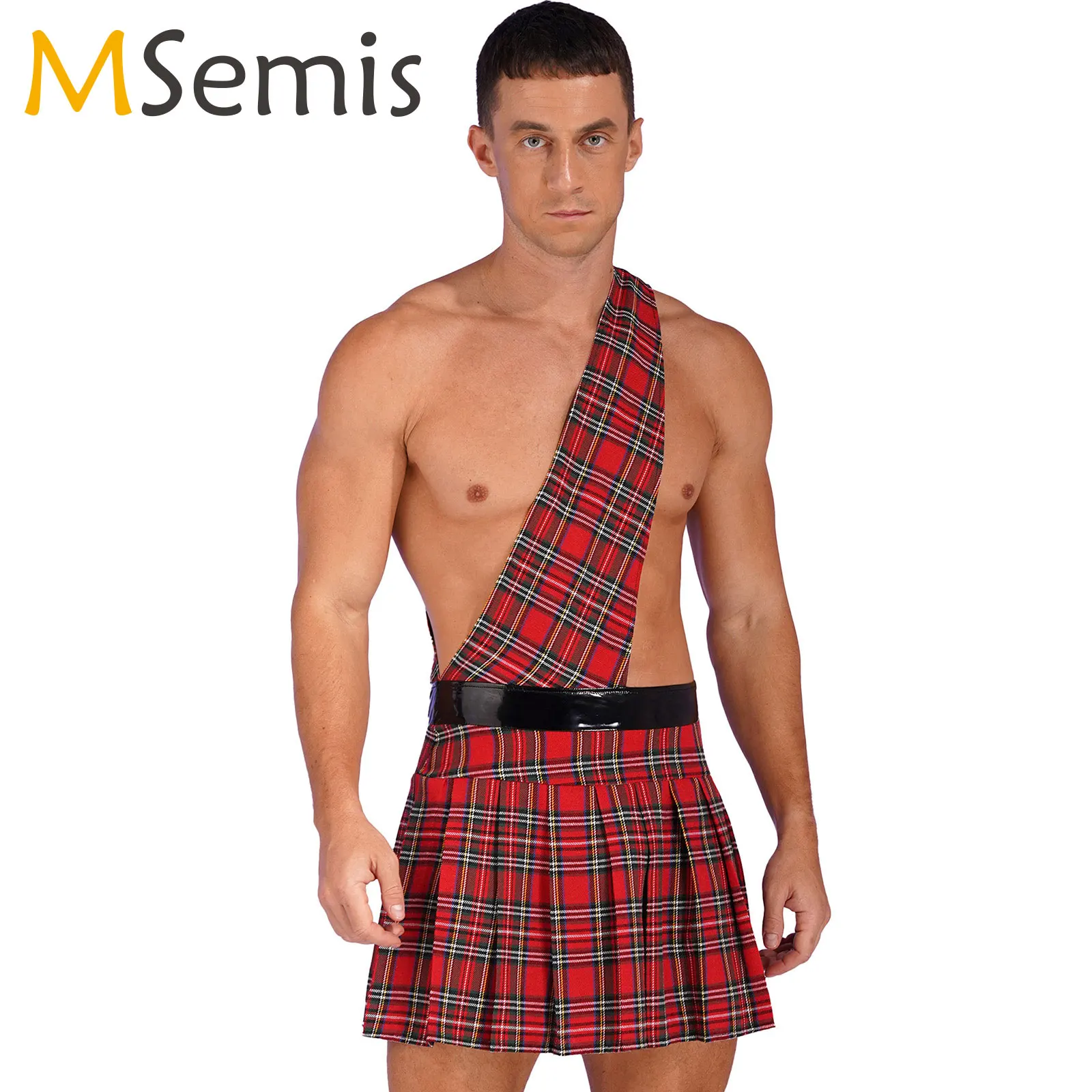 

Mens Halloween Theme Party Role Play Costume Plaid One Shoulder Strap Pleated Skirt Scottie Dress Scottish Men's Kilt Costume