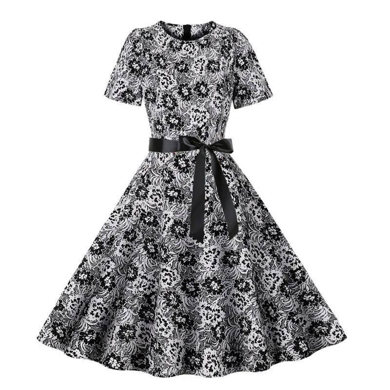 

Summer New Fashion O neck short sleeve Women Flower Floral Polka Dot Printed Vintage Retro Rockabilly skater pin up dress