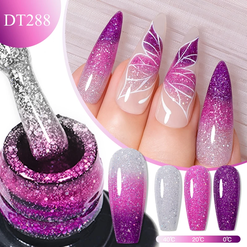 

MEET ACROSS 7ml Glitter Sequins Thermal Gel Nail Polish 3 Layers Temperature Color Changing Semi Permanent UV Gel Varnish Nails