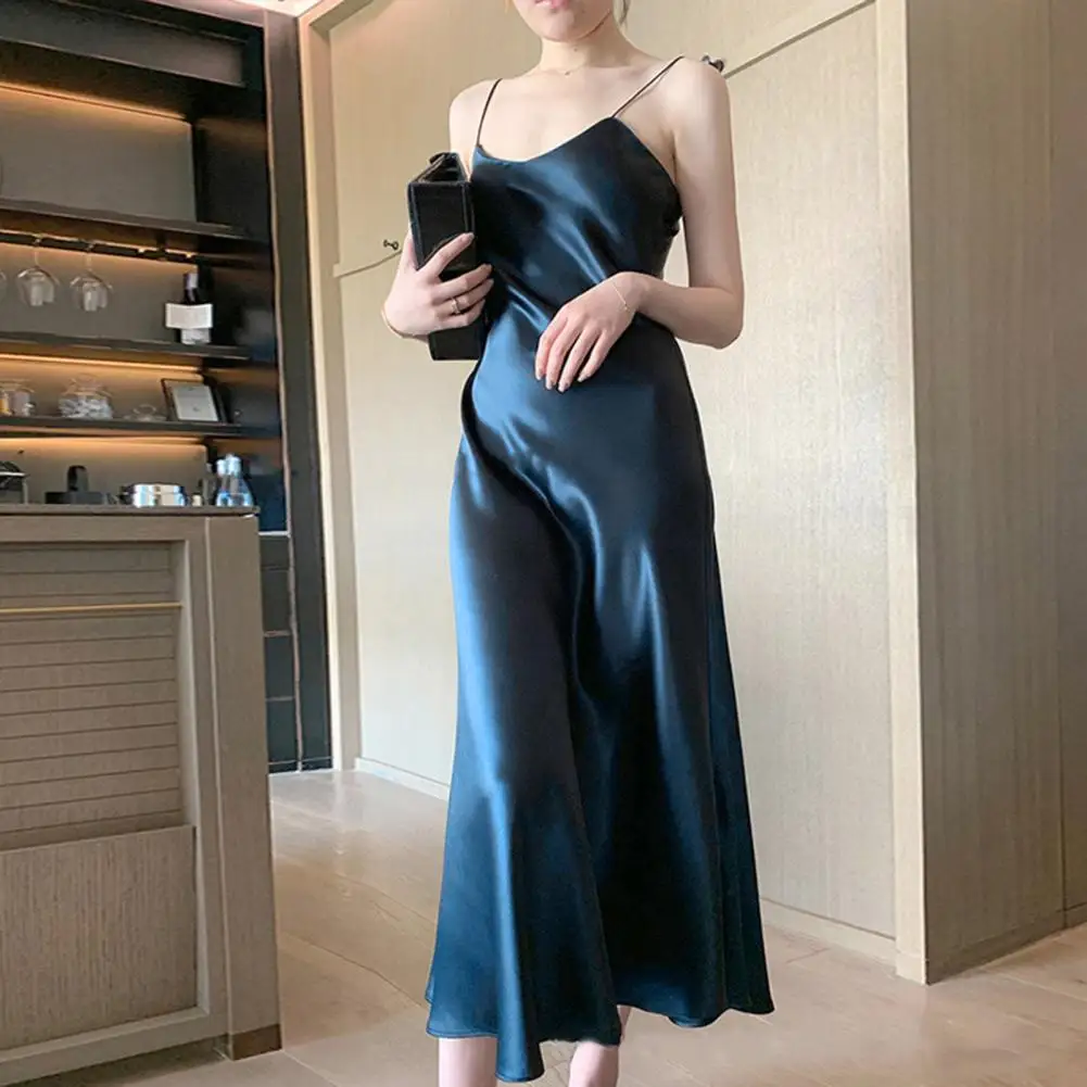 

Charming Strappy Dress Smooth Surface Backless Slim Fit Pure Color Women Evening Dress Summer Evening Dress Sleeping