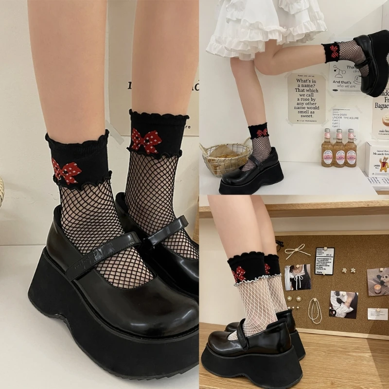 

Women Korean Middle Tube Calf Socks Bowknot Print Hollowed Fishnet Socks F0T5