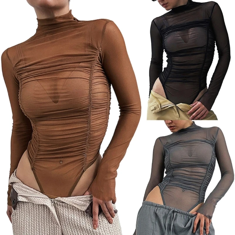 

Women Sexy Sheer Mesh Solid Plain Long Sleeve Bodysuit Mock Turtleneck Jumpsuit See Through Bodycon Leotard Top