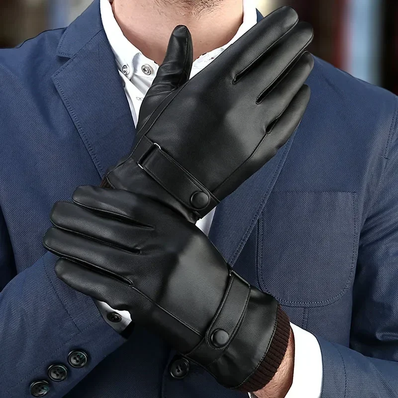 

Перчатки мужские из экокожи, теплые ветрозащитные варежки для вождения, для работы с сенсорным экраном, черные, на осень/зиму