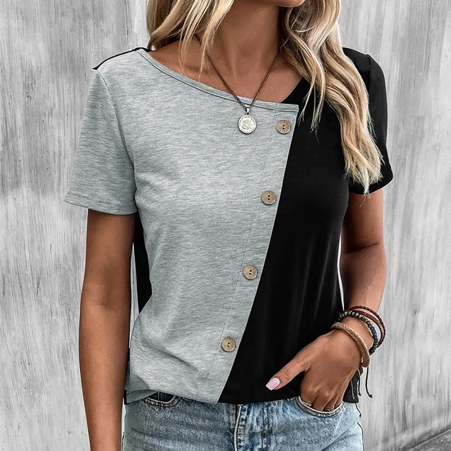 

Classic Black White Button Up T-Shirt Asymmetrical Women Round Neck Short Sleeved female Summer Casual Pullover Tops