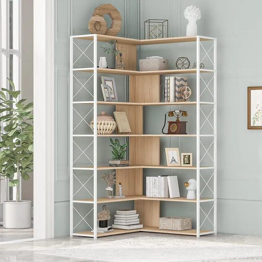 

7-Tier Bookcase Home Office Bookshelf, L-Shaped Corner Bookcase with Metal Frame, Shelf with Open Storage,MDF Board,Oak