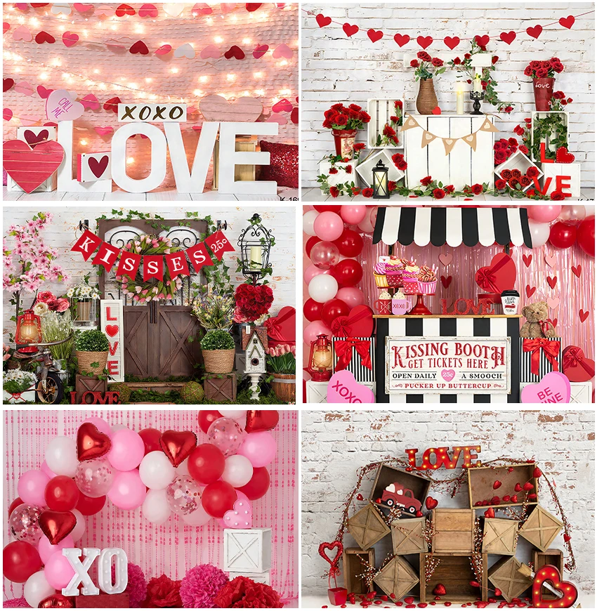 

Brick Wall Light Love Valentine's Day Backgrounds Xoxo Kissing Booth Photography Balloons Red Roses Propose Marriage Backdrops