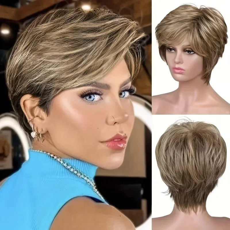 Highlight Short Curly Brown Wigs for White Women Pixie Cut Gold Brown Wig Heat Resistant Synthetic Short Hair Wig
Highlight Short Curly Brown Wigs for White Women Pixie Cut Gold Brown Wig Heat Resistant Synthetic Short Hair Wig