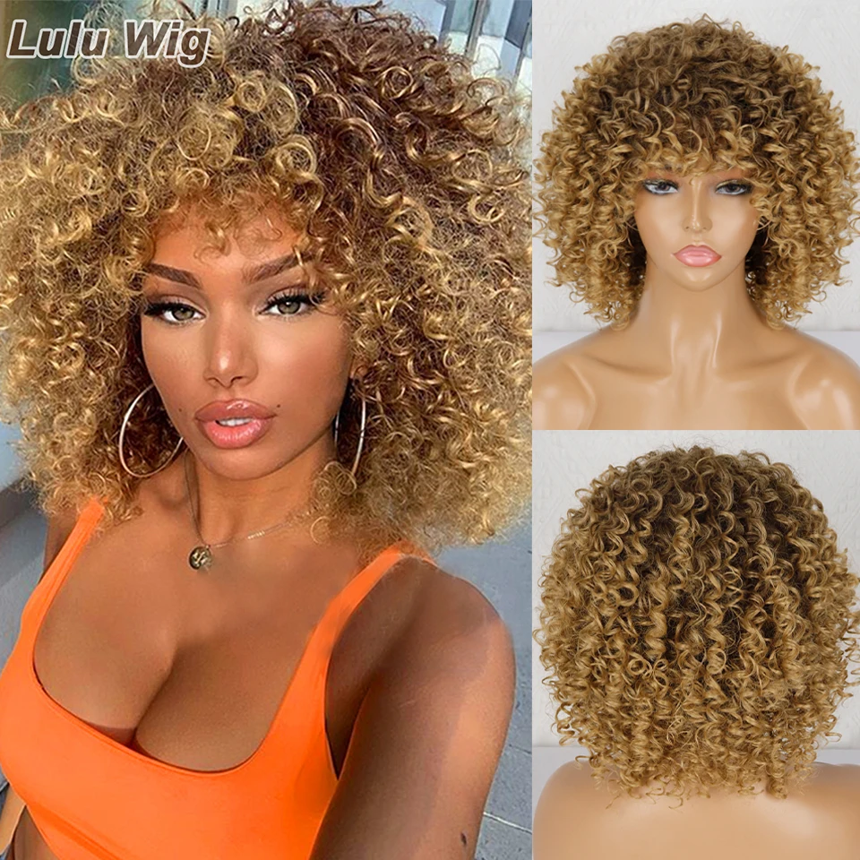 Фото Short Curly Blonde Wig For Black Women Afro Kinky With Bangs Synthetic Natural Glueless Ombre Brown Cosplay | Шиньоны и парики