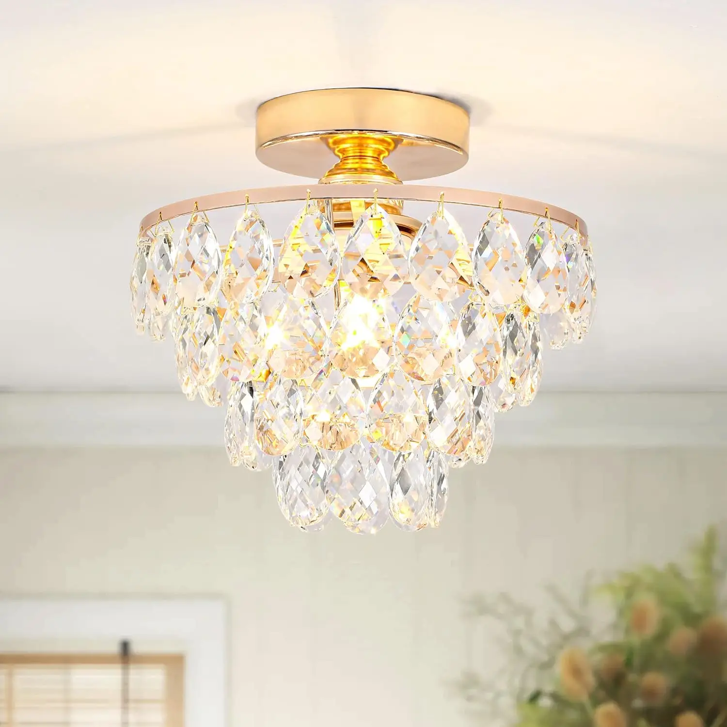 

Gold Crystal Chandelier Small Modern Chandelier, Mini Ceiling Light Flush Mount Crystal Chandelier Hallway Light Fixtures