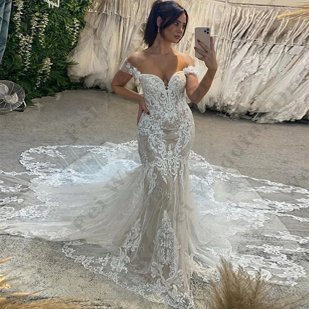 

Fascinating Lace Applique Wedding Dresses A-Line Sexy Backless Mermaid Off Shoulder Beautiful Slimming Mopping Bride Gowns 2024
