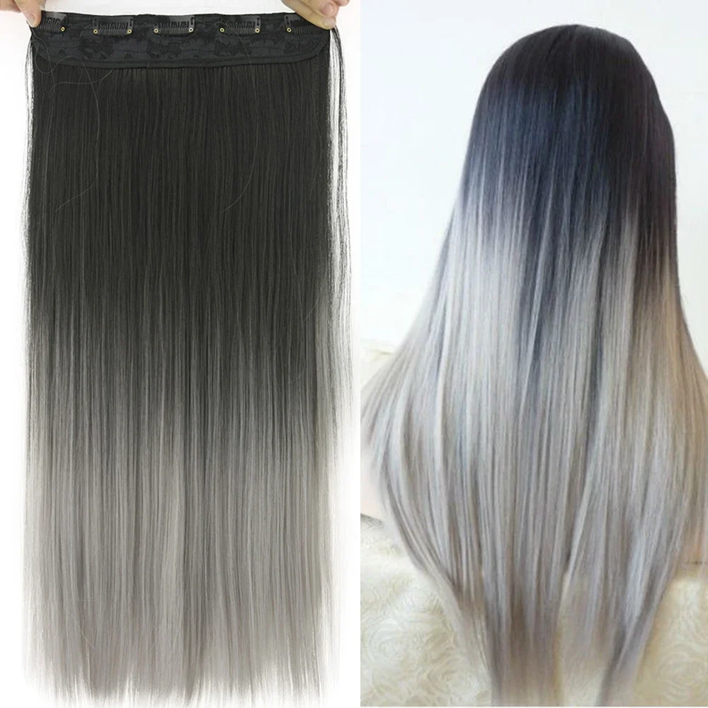 

60cm Synthetic Straight Black To Ombre Hair 5 Clip In Hair Extensions Hairpiece False Hair on Hairpins for Women