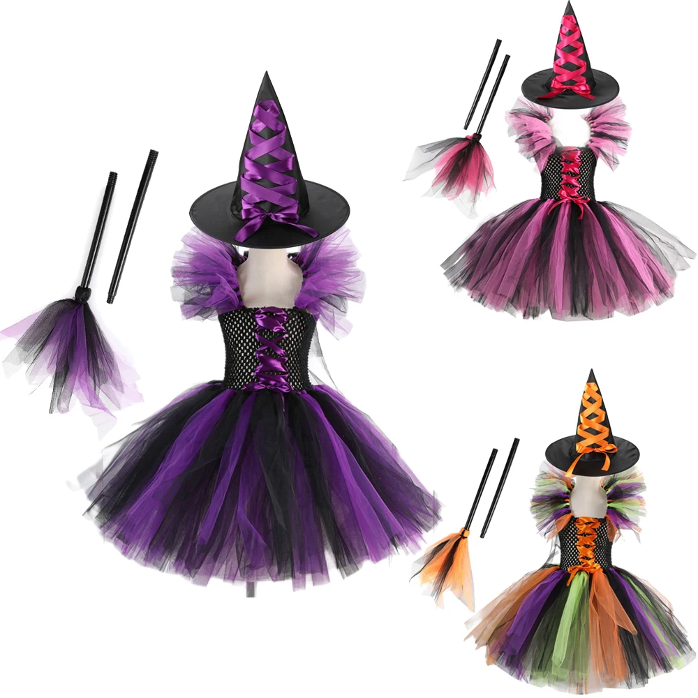 

Evil Witch Halloween Girls Tutu Dress With Witch Hat Broom Children Fancy Pageant Birthday Party Costume Kids Prom Ball Gown