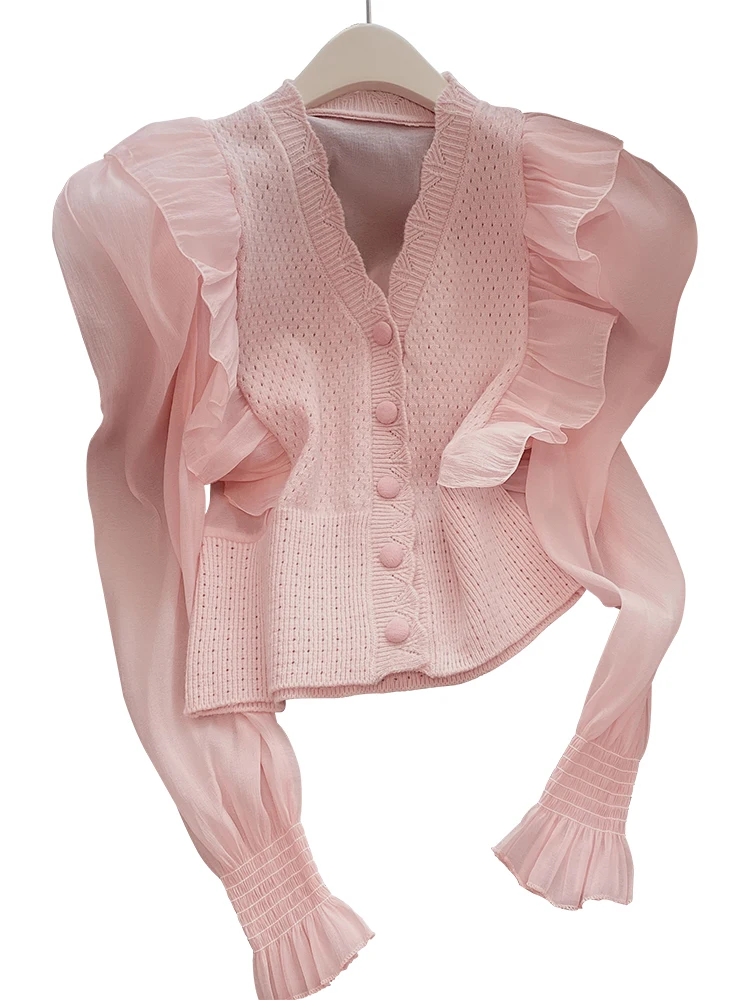 

QOERLIN V Neck Flare Sleeve Shirt Knitted Pathwork Single-Breasted Micro Transparent Pink White Tops Blouse Long SleeVe Shirts