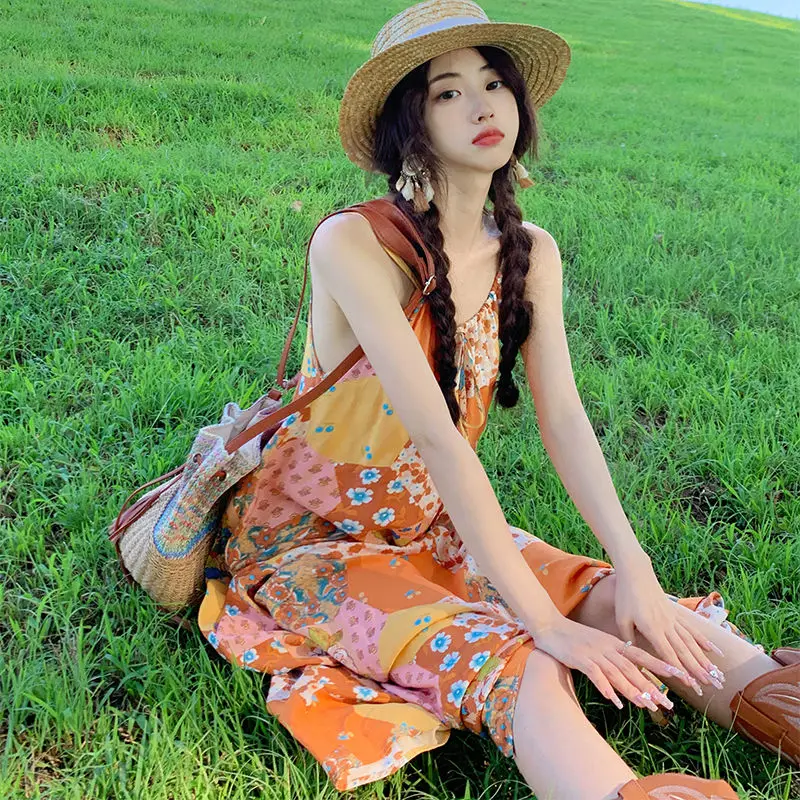Shpmishal Ethnic Style Splicing Suspender Japanese Loose Fitting Dress for Women's Summer Sleeveless Vacation Style Long Dress
Shpmishal Ethnic Style Splicing Suspender Japanese Loose Fitting Dress for Women's Summer Sleeveless Vacation Style Long Dress
