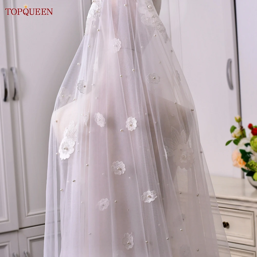 

TOPQUEEN Bridal Veils 2 Tier Wedding Pearls Veil 3D Flowers Applique Cathedral Drop Long Blusher Veil Cover Front and Back V61