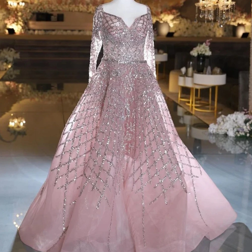 New Exquisite Pink Evening Dresses Long Full Sleeves Prom Gowns Elegant Party Dress Appliques Sequined Crepe Vestidos De Fiesta
New Exquisite Pink Evening Dresses Long Full Sleeves Prom Gowns Elegant Party Dress Appliques Sequined Crepe Vestidos De Fiesta