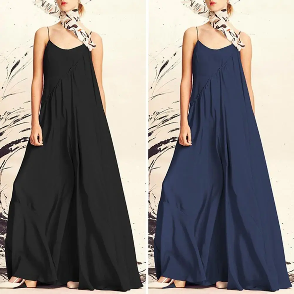 

Pleat Detail Dress Women Loose Fit Dress Elegant Maxi Dress with Spaghetti Straps Backless Design for Women Solid Color A-line