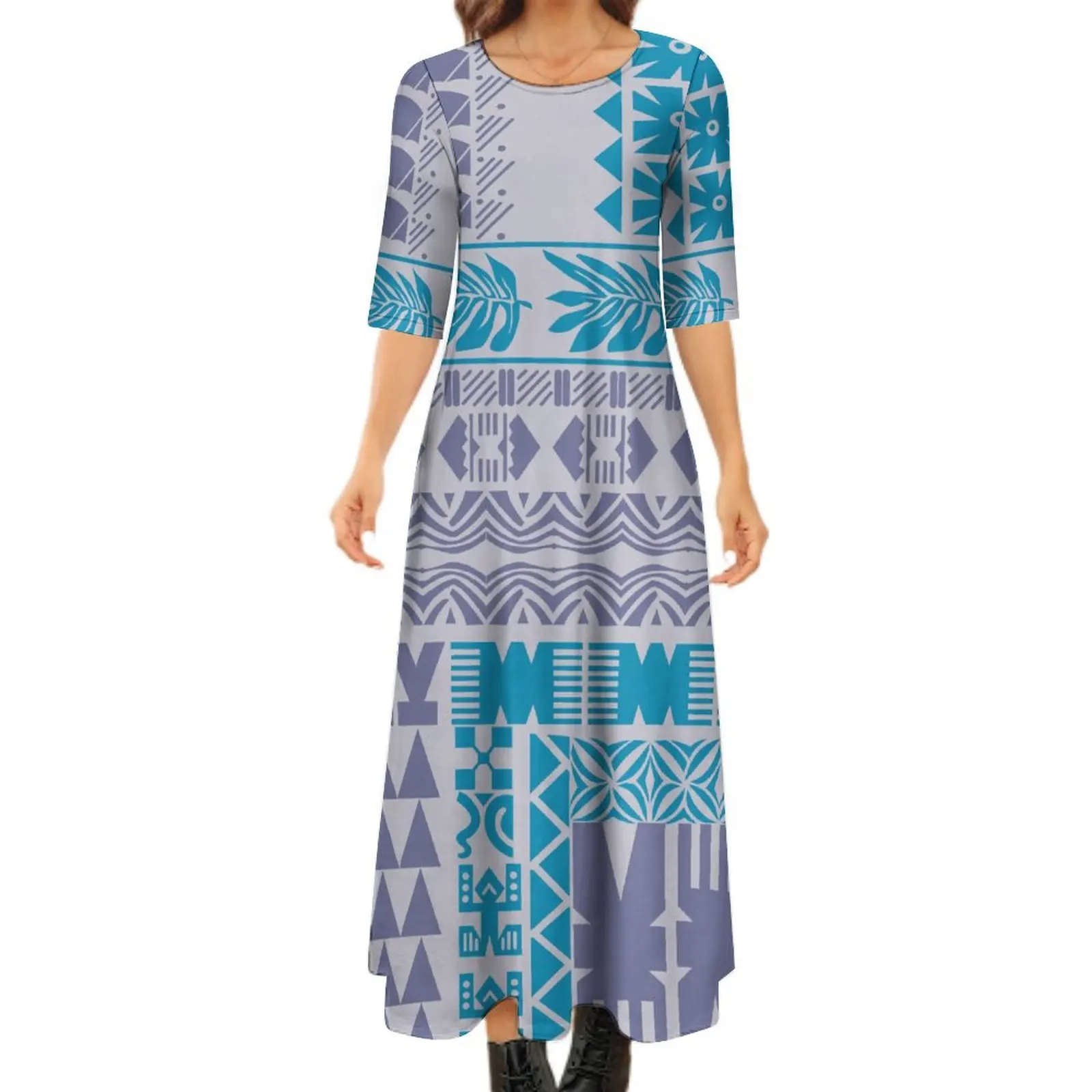 

2024 New Samoa Island Clothing Summer Fashion Women'S Mid-Sleeve Dress Polynesian Tribal Pattern Elegant Maxi Dress