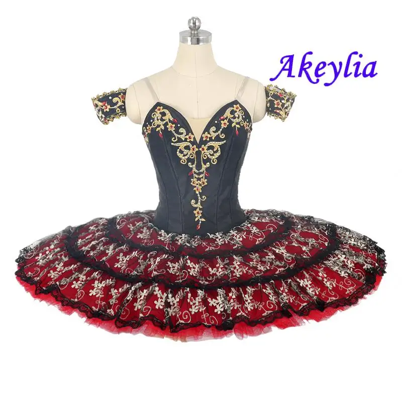 

Non-elastic stain Paquita black red professional ballet tutu competition girls pancake tutu classical Don Quixote costume JN0461