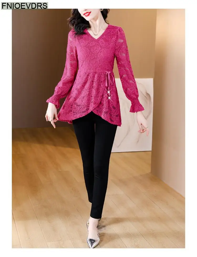 M-4XL Hollow Out Lace Shirts2023 Women European Style Office Lady Drawstring Waist Bow Tie Thick Winter Tunic Peplum Top Blouses M-4XL Hollow Out Lace Shirts2023 Women European Style Office Lady Drawstring Waist Bow Tie Thick Winter Tunic Peplum Top Blouses