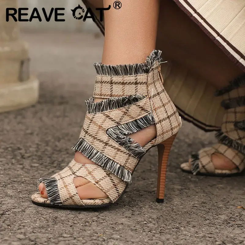 

REAVE CAT Design Fashion Women Sandals Peep Toe Stiletto Thin Heels 11cm Zipper Denim Plus Size 49 50 Party Dating Female Shoes