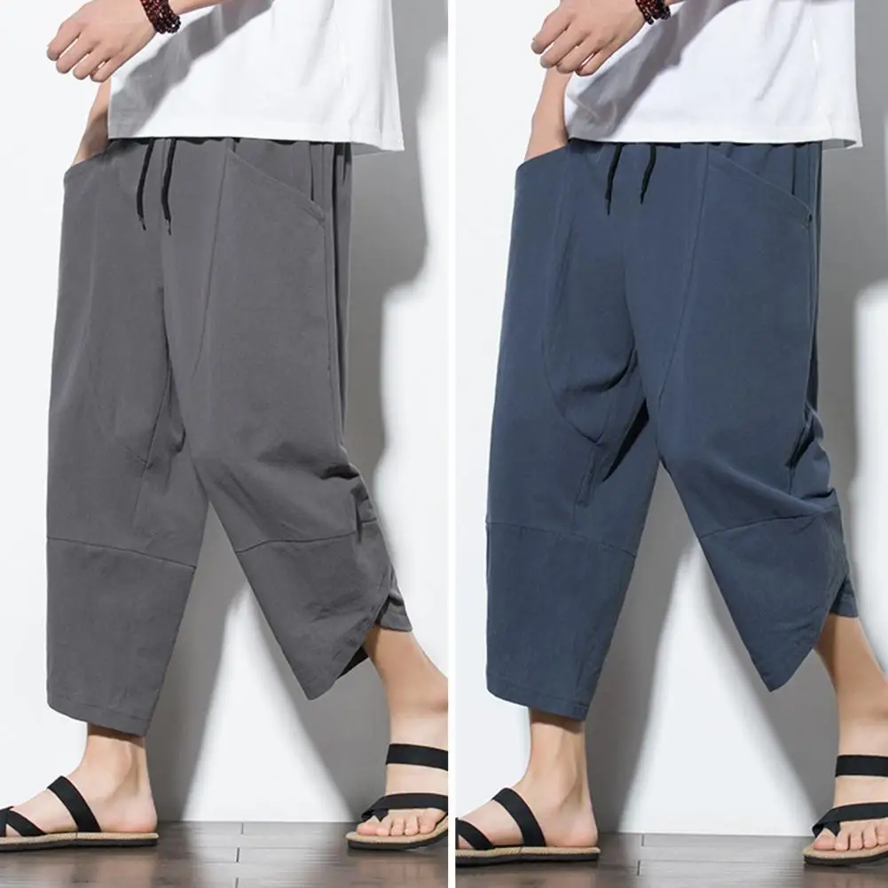 

2023 Summer Men Chinese Style Cotton Linen Harem Pants Men Streetwear Breathable Beach Pants Male Casual Calf-Lenght Trousers