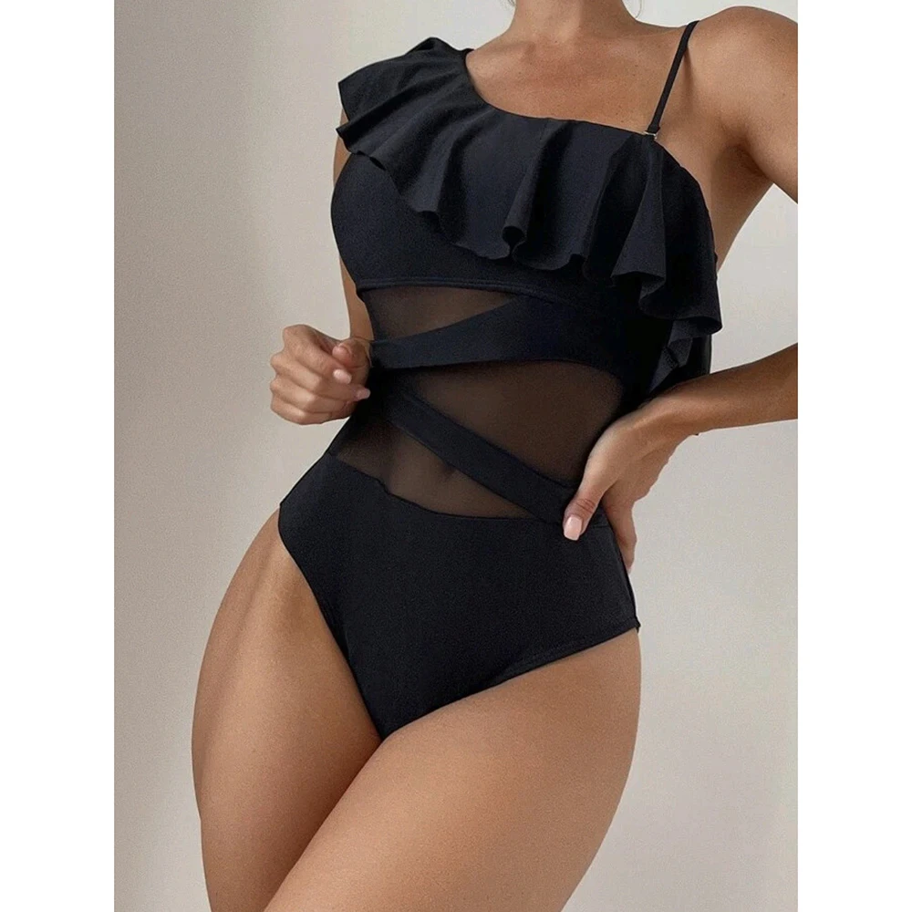 2023 New Black Solid One-Piece Swimsuit Women Sexy Mesh Ruffle One-shoulder Bodysuits Femal Beach Bathing Suits Swimwear
2023 New Black Solid One-Piece Swimsuit Women Sexy Mesh Ruffle One-shoulder Bodysuits Femal Beach Bathing Suits Swimwear