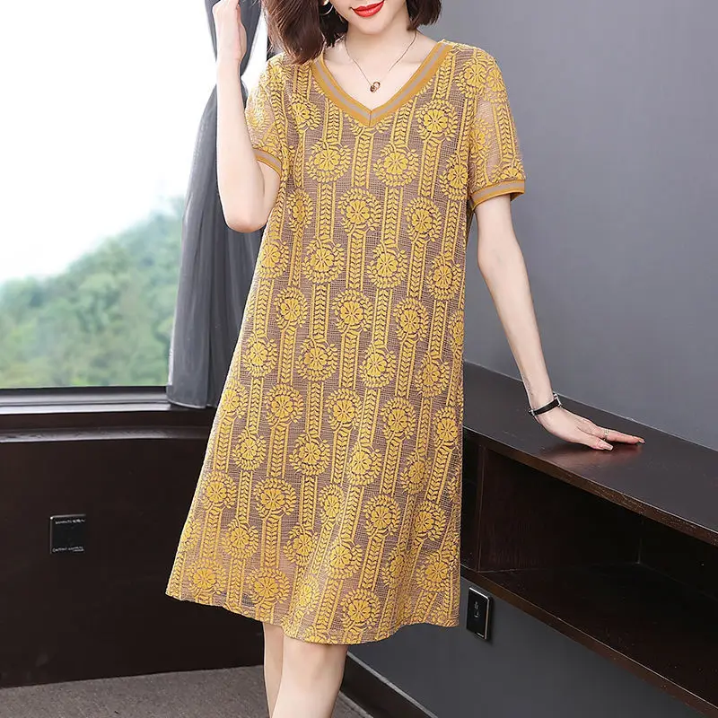 

Vintage Lace Hollow Out Midi Dress Summer Short Sleeve Casual V-Neck Women's Clothing Stylish Spliced Loose Straight Dresses New