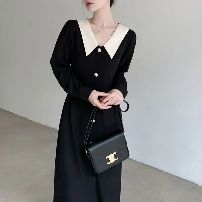 

Платье женское однотонное с длинным рукавом, элегантное приталенное винтажное Модное в стиле пэчворк, с пуговицами и отложным воротником, черный цвет