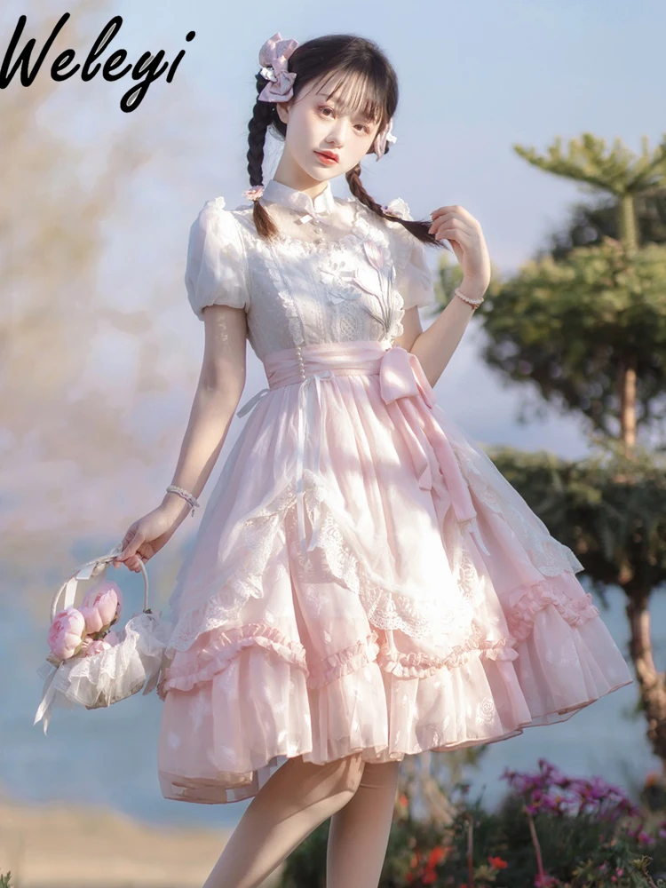 

Jirai Kei Clothes Sweet Girl Lolita Dress 2024 Spring/Summer Princess Fairy Core Lace Stitching Beaded Short Sleeve Bow Dresses