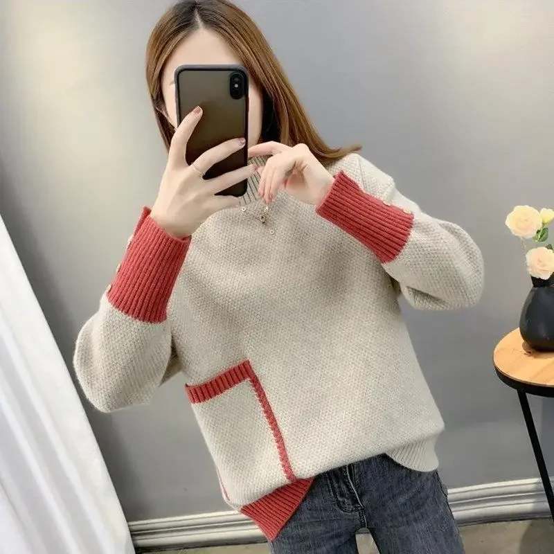 

Autumn Winter Color Blocking Pocket Sweaters Women High-quality Long Sleeve Button Mock Neck Casual Keep Warm All-match Top LJ47