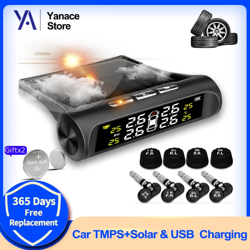 Yanace Tire Pressure Monitoring System Intelligent TPMS Usb Solar Charge Pressure and Temperature Auto Display 4 Wheels Sensors
Yanace Tire Pressure Monitoring System Intelligent TPMS Usb Solar Charge Pressure and Temperature Auto Display 4 Wheels Sensors