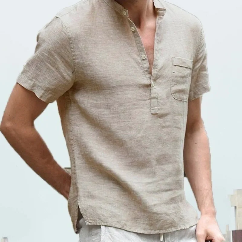 

Новинка 2024, мужская осенне-летняя хлопковая и льняная футболка с коротким рукавом, Повседневный Кардиган с пуговицами, простая популярная рубашка