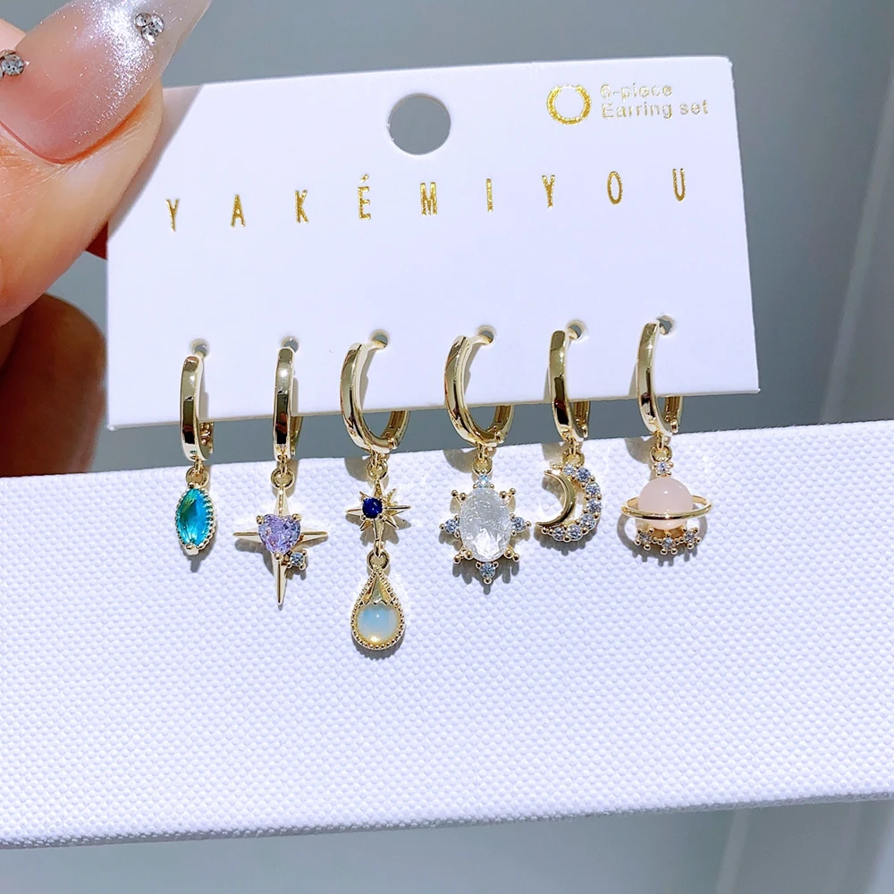 6pcs/set Cubic Zircon Stone Moon Star Drop Earrings Gold Color Ear Accessories Yakemiyou
6pcs/set Cubic Zircon Stone Moon Star Drop Earrings Gold Color Ear Accessories Yakemiyou
