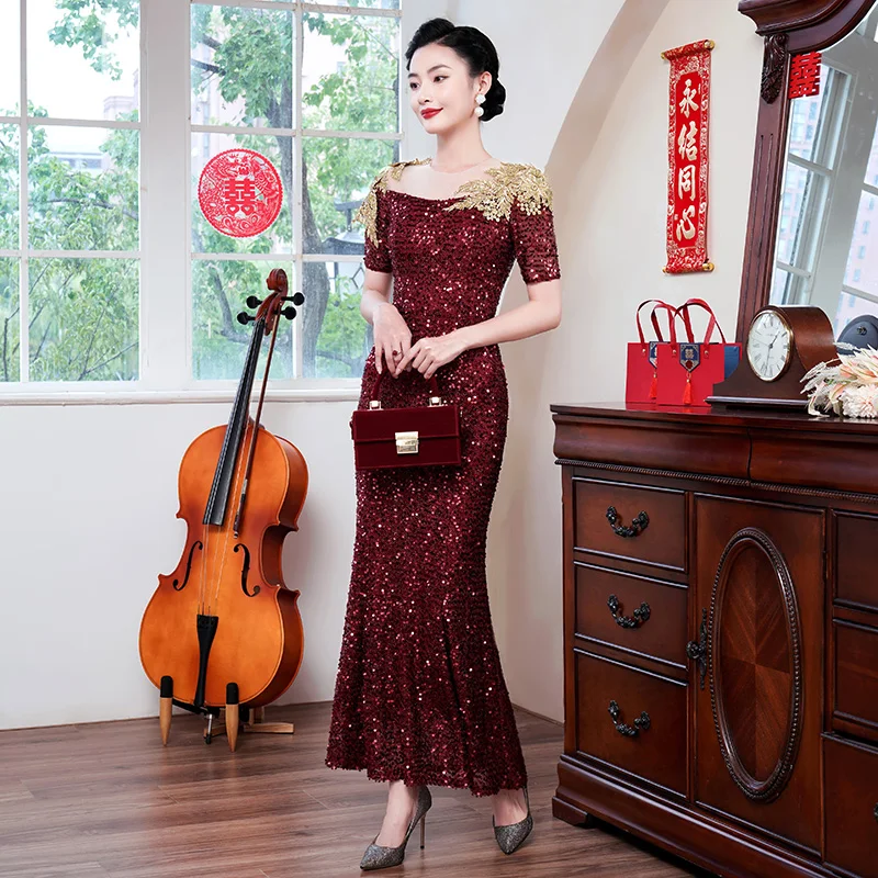 Shiny Sequin Wine Red Mermaid Wedding Guest Dresses Elegant Round Neck Ankle-Length Mother Of The Bridal Dresses Long
Shiny Sequin Wine Red Mermaid Wedding Guest Dresses Elegant Round Neck Ankle-Length Mother Of The Bridal Dresses Long