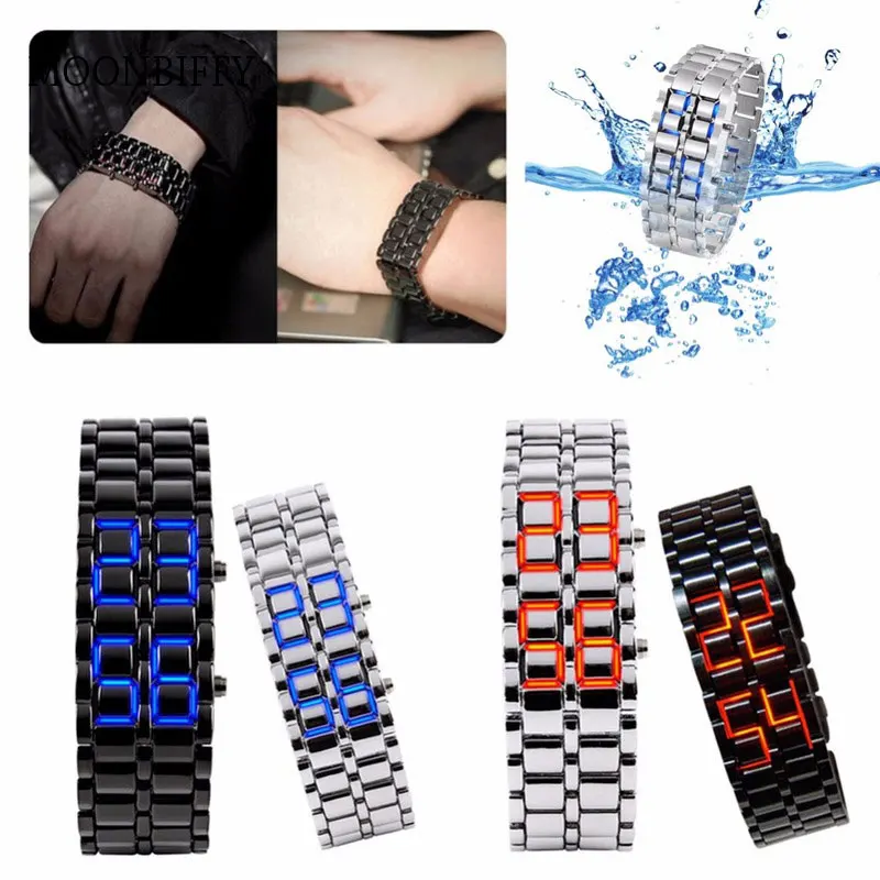 Fashion Black Full Metal Digital Lava Wrist Watch Men Red/Blue LED Display Men's Watches Gifts for Male Boy Sport Creative Clock |