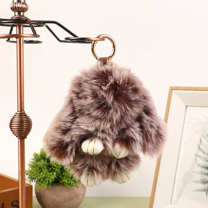 

15CM Rabbit Keychain Ring Fluffy Real Fur Pompon Bunny Trinket Key Chain Charm Cute Key Ring On Bag Car Key Pendant