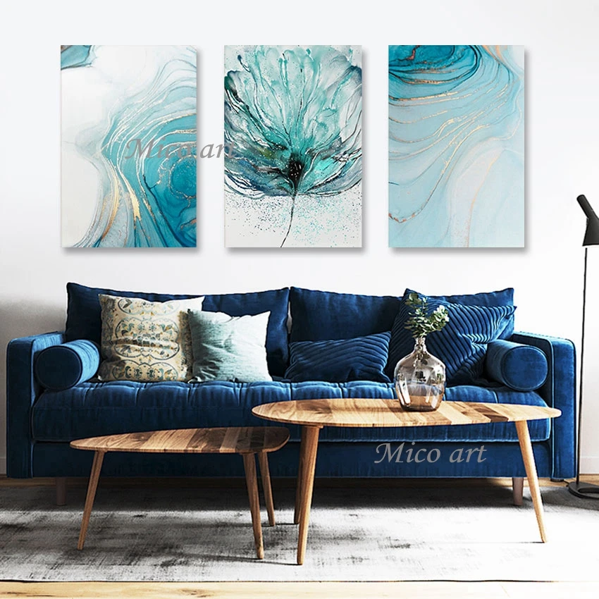 

Abstract Blue Acrylic Oil Painting 3PCS Modern Hand-painted Wall Art Canvas Picture Artwork Large Bedroom Decorative Unframed