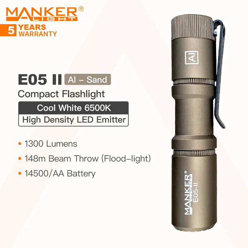 

Manker E05 II (Al-sand, Cool white Version, 6500K) Compact Flashlight, High Density White LED Emitter 1300 Lumens, 14500 or AA