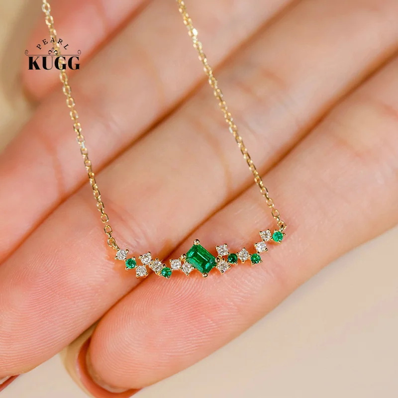 

KUGG 18K Yellow Gold Necklace Romantic Elegant Style Shiny Diamond Real Natural Emerald Necklace for Women Birthday Gift