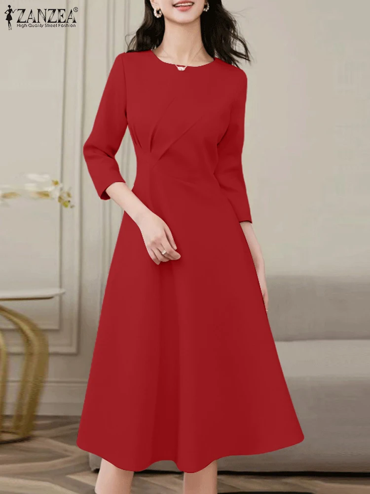 

ZANZEA 3/4 Sleeve Ruched Midi Dresses 2024 Fashion Women Solid Color Summer Party Dress O Neck Waisted Gentle Elegant Vestidos