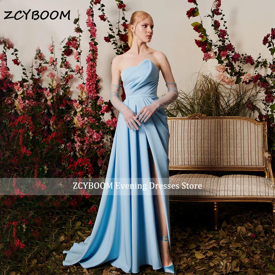 

Elegant Sky Blue A-Line High Side Slit Prom Dress 2024 Strapless Satin Pleated Floor Length Graduation Party Formal Evening Gown