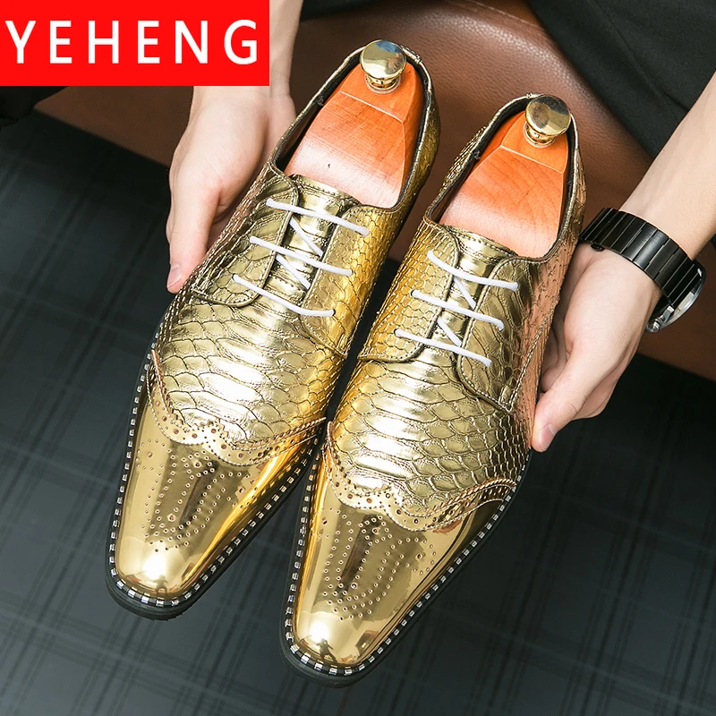

Туфли мужские золотистые на шнуровке, искусственная кожа, сращивающиеся, деловой стиль, повседневные свадебные туфли, неглубокая модная обувь для стайлинга, большие размеры 38-46