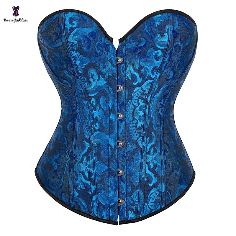 

6 Brooches Overbust Corselet Plus Size XS -6XL Dark Blue Korset Women Jacquard Lace Up Boned Corset Top With T String
