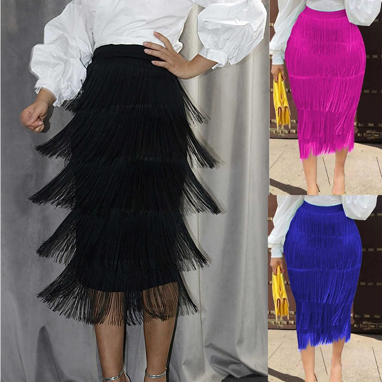 

Women Sexy Tassels Skirts Fashion All-match Solid Color Party Casual Sexy Skirtd Trend High Waist Club Hip-covering Skirts