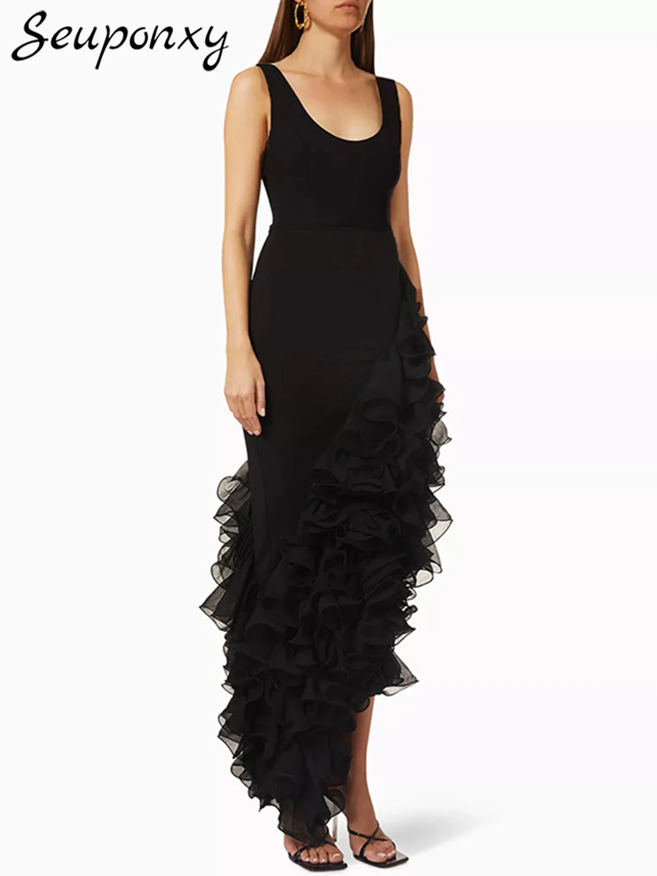 

High Quality 2024 Women'S Black Sexy Sleeveless O-Neck Ruffled High Slit Maxi Dress Elegant Evening Club Party Dress Vestidos
